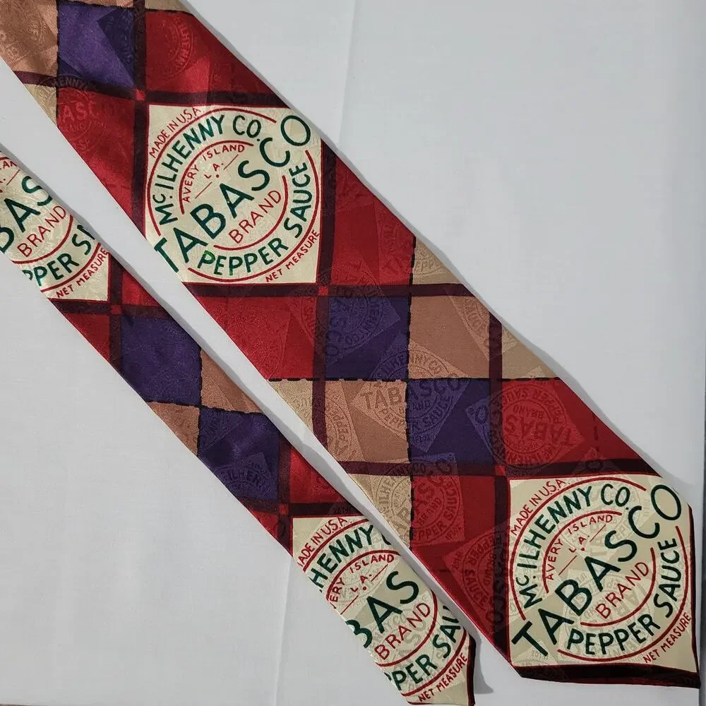 Pair of Tabasco silk novelty print neck tie made in USA, red, multicolor, shrimp